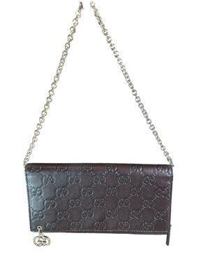 GUCCI Dark Brown Embossed Leather Chain Shoulder Bag